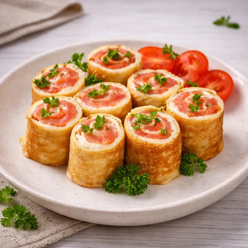 Кейтеринг Покровка: Блинный рулетик с лососем и творожным сыром — тонкий блин и нежная начинка на банкет в Нижнем Новгороде