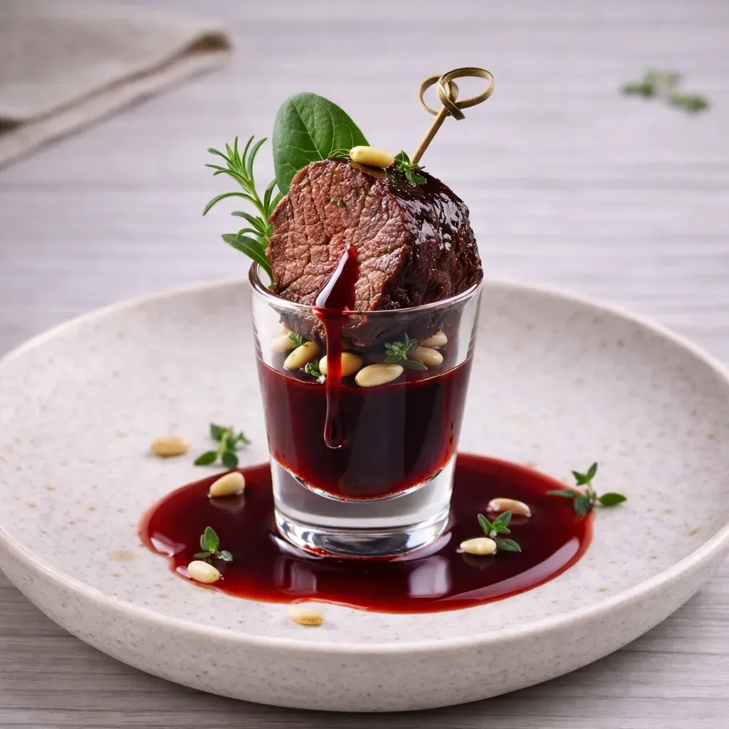 
            
                Тушеная телячья щека с соусом из красного вина, свежими травами и кедровыми орехами
            
             25 г 
        