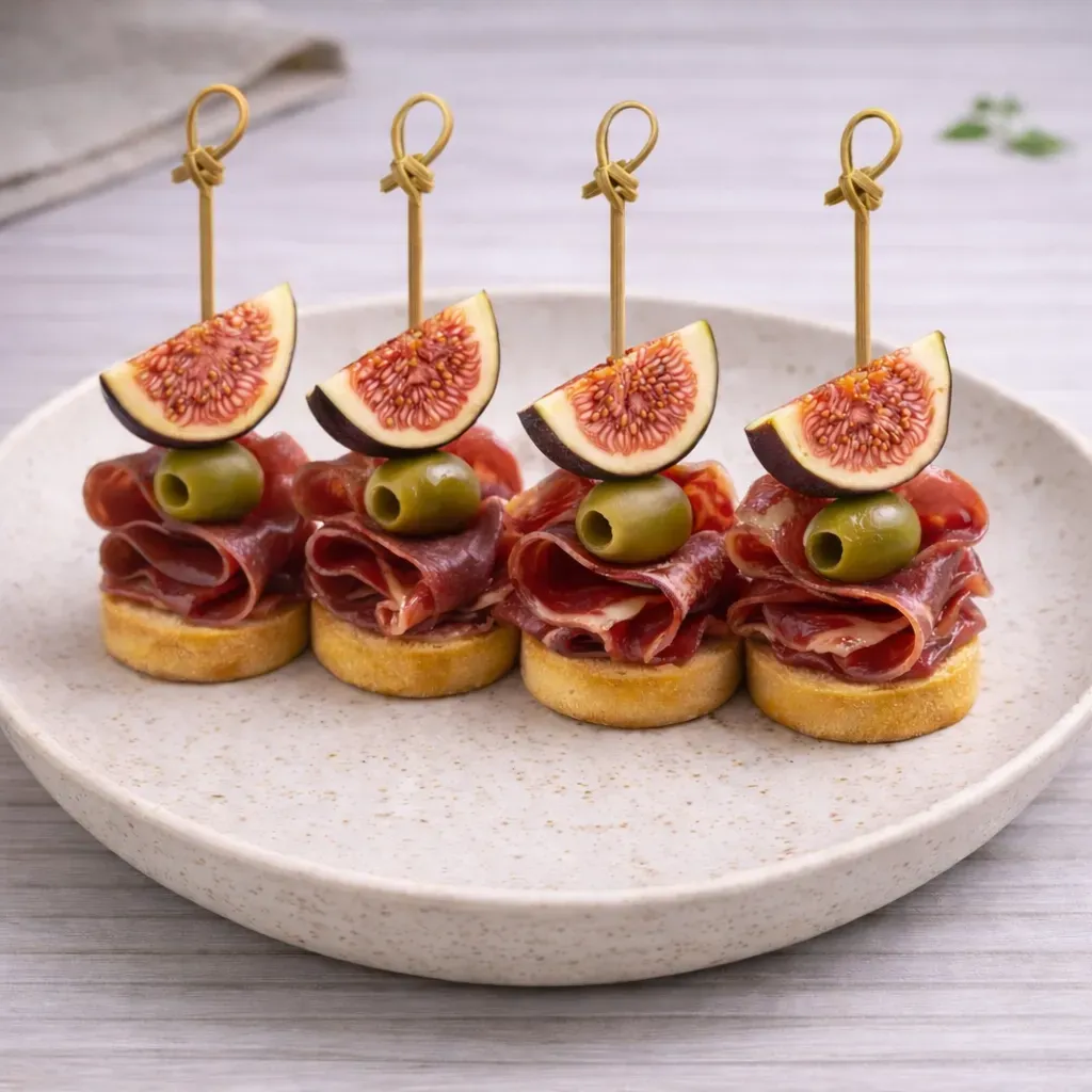 Канапе с иберийской колбасой, инжиром и оливкой