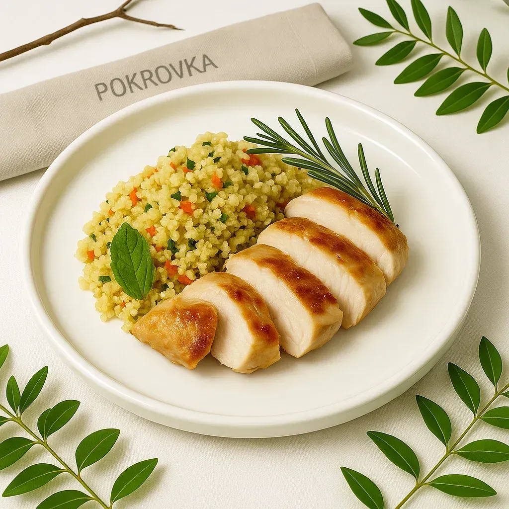 
            
                Кускус с куриной котлетой на пару и овощами
            
             300 г 
        