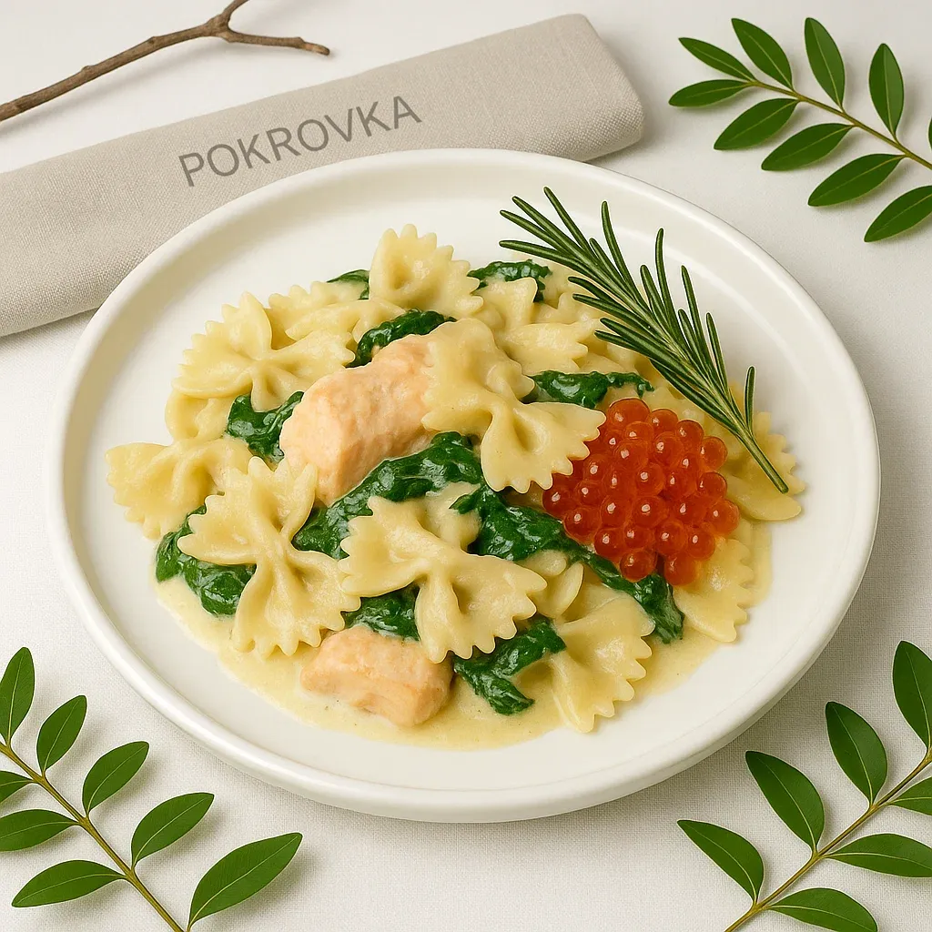 
            
                Паста Фарфале с лососем, шпинатом и красной икрой
            
             300 г 
        