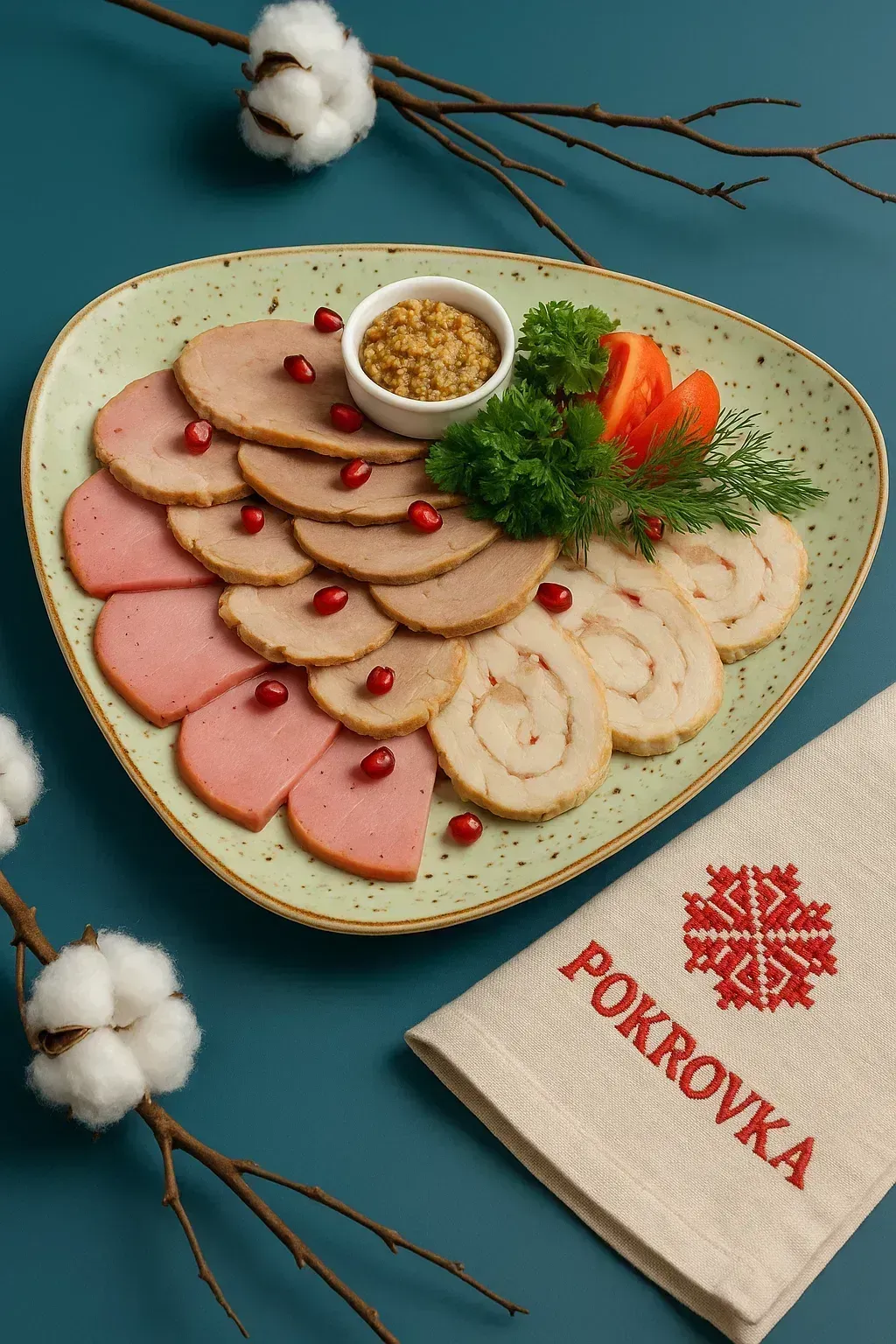 Кейтеринг Покровка: Мясная нарезка с бужениной и куриным рулетом — сытный деликатесный сет в офис в Нижнем Новгороде